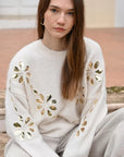 Off White Knit Sweater with Sequin Flowers