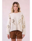 Off White Knit Sweater with Sequin Flowers