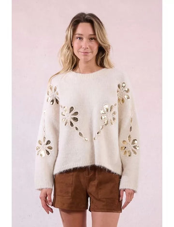 Off White Knit Sweater with Sequin Flowers