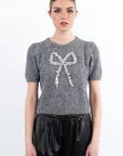 Grey Short Sleeved Sweater with Sequin Bow