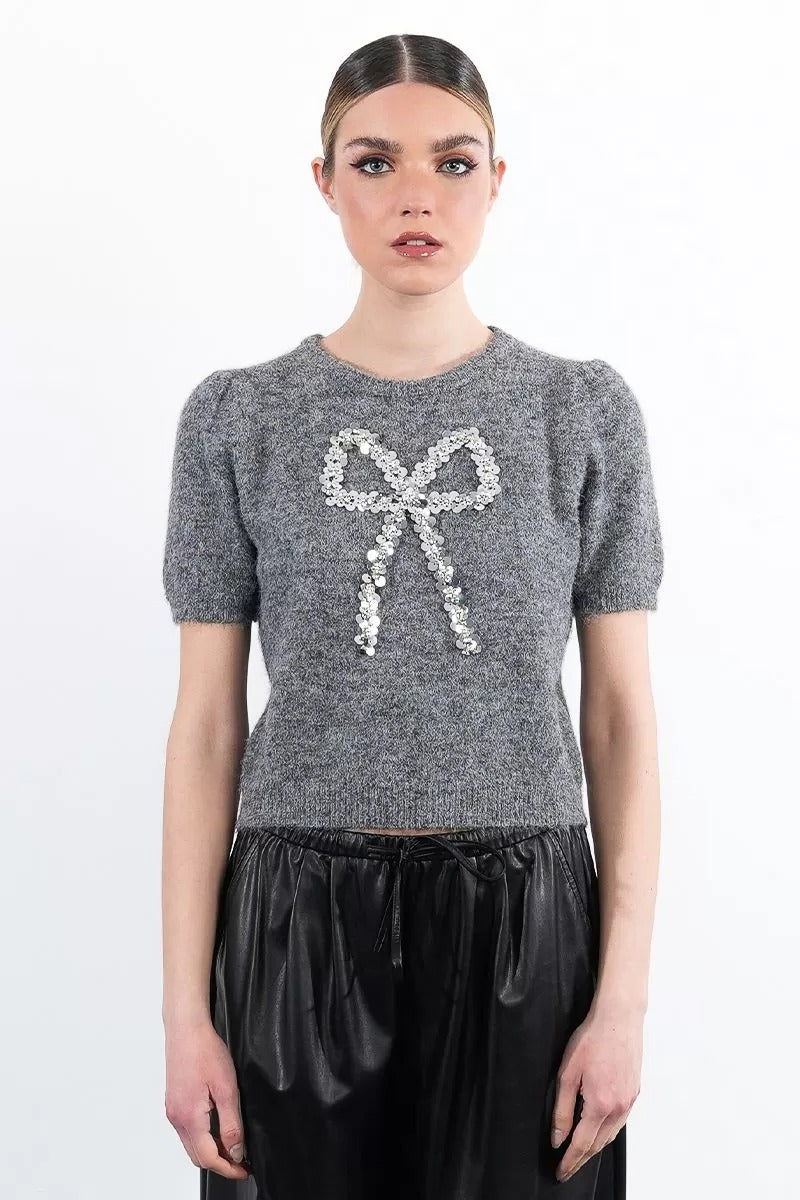 Grey Short Sleeved Sweater with Sequin Bow