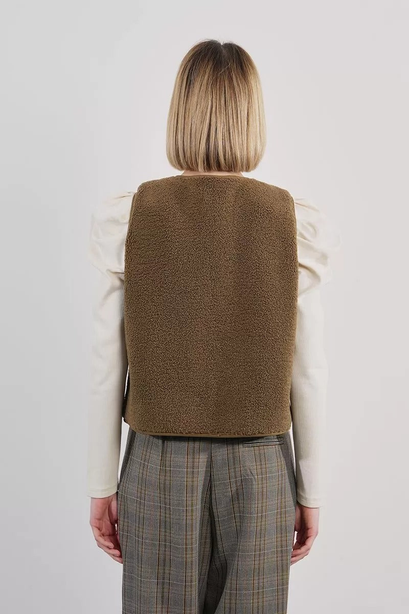 Faux Sheepskin Sleevless Jacket in Khaki