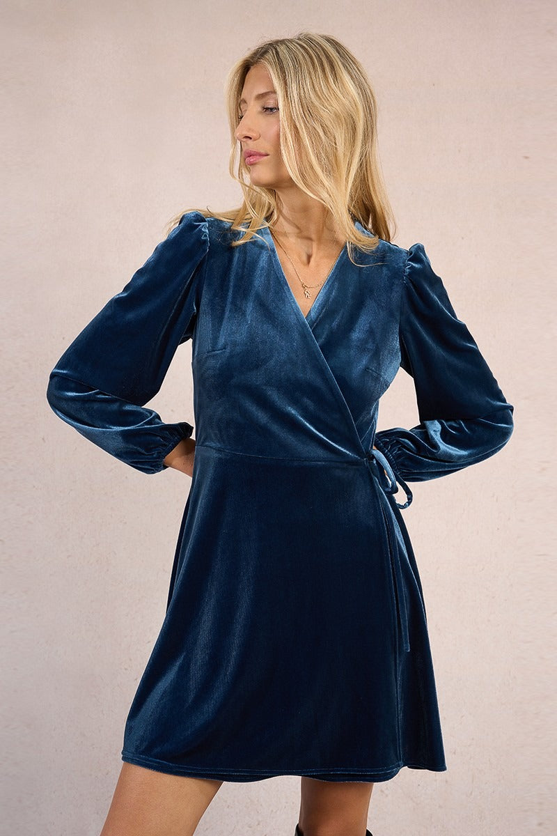 Velvet Wrap Dress in Denim Blue