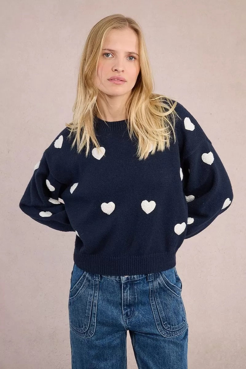 Embossed Heart Sweater in Navy and White