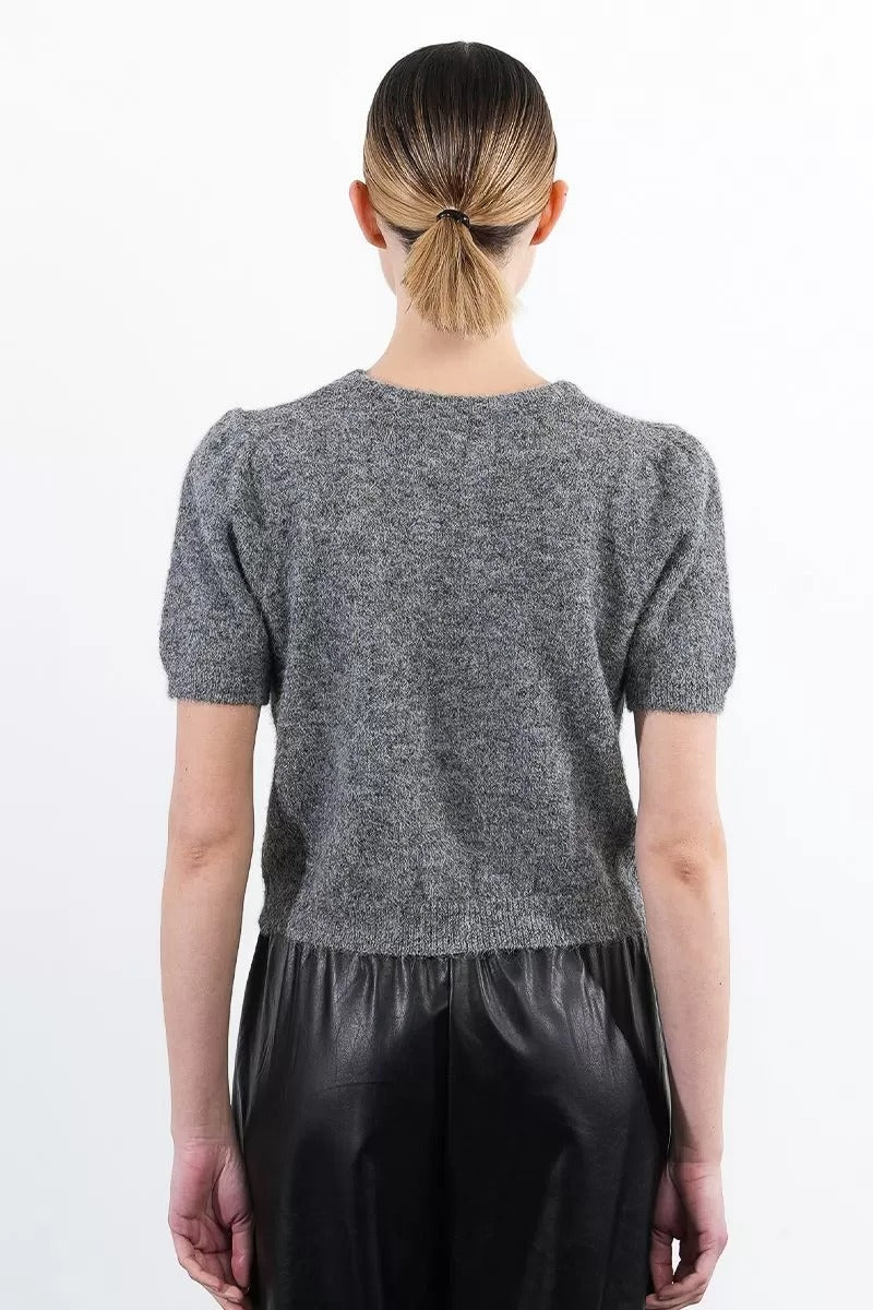 Grey Short Sleeved Sweater with Sequin Bow