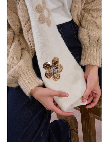 Off White Flower Scarf with Sequin Finish