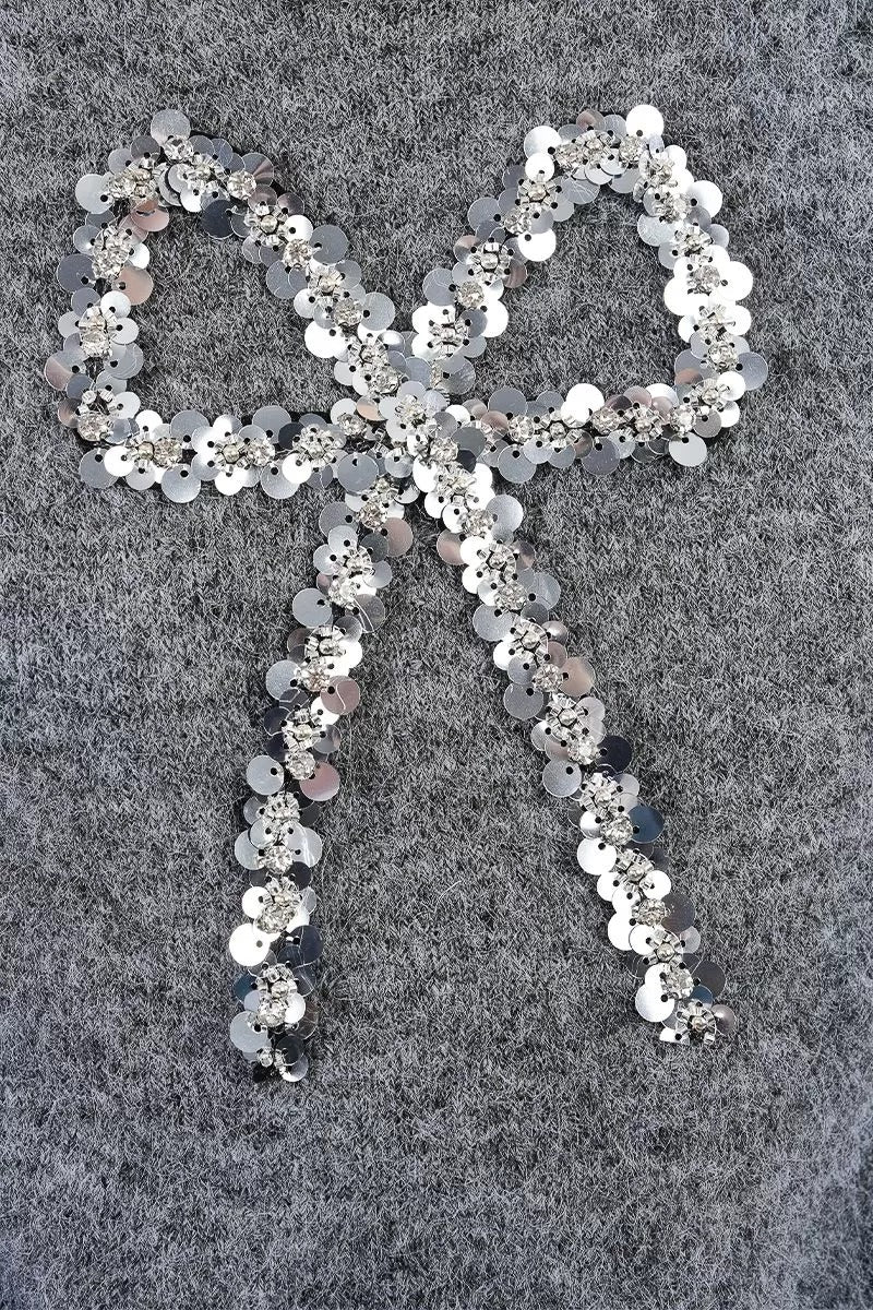 Grey Short Sleeved Sweater with Sequin Bow
