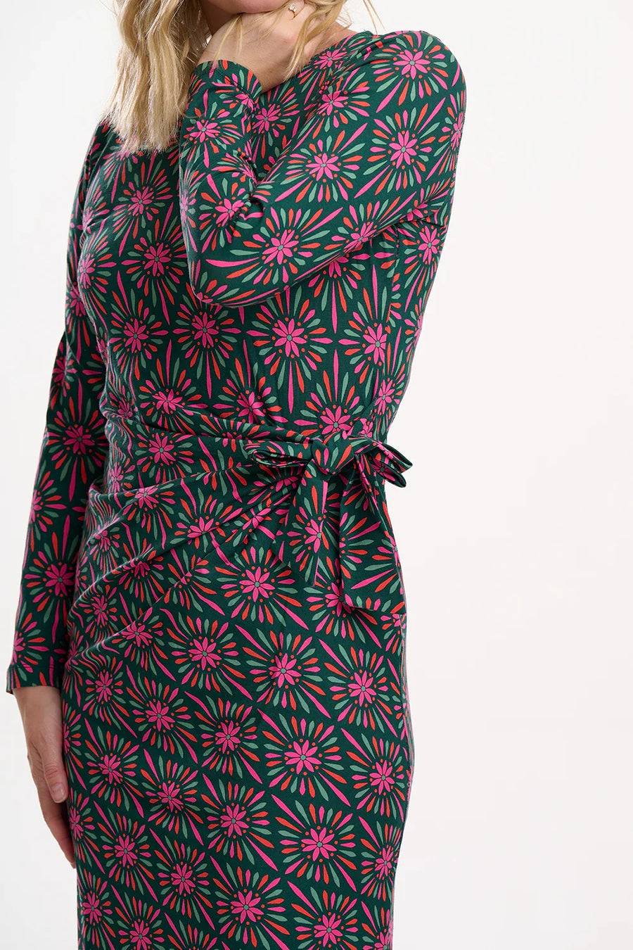 Claudia Jersey Tie Midi Dress in Green/Multi, Flower Explosion