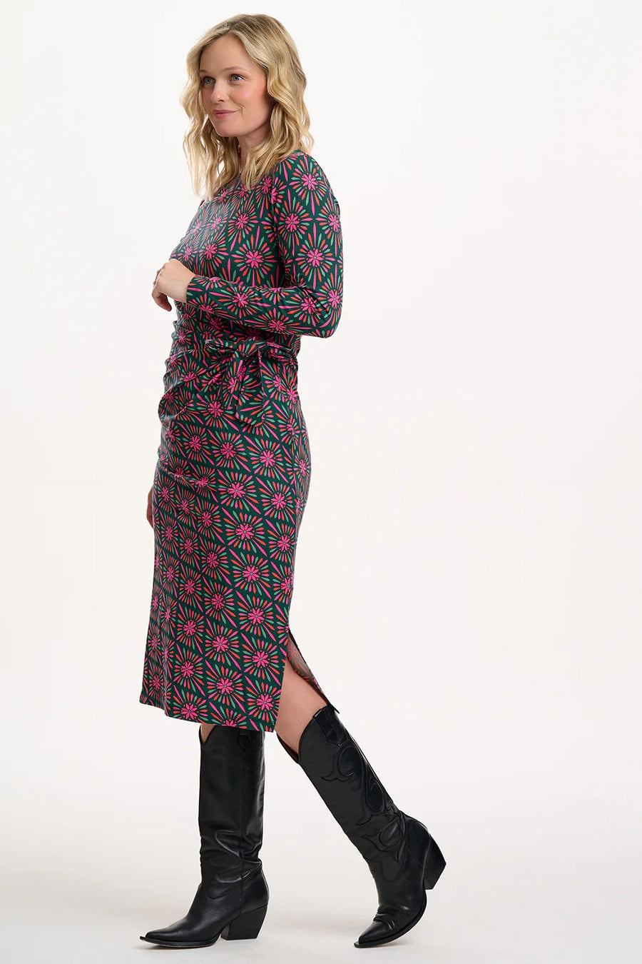 Claudia Jersey Tie Midi Dress in Green/Multi, Flower Explosion