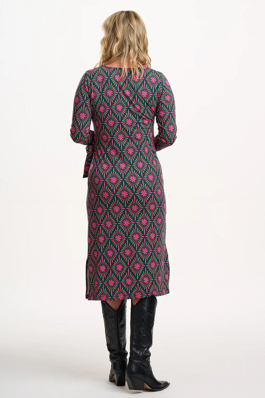 Claudia Jersey Tie Midi Dress in Green/Multi, Flower Explosion