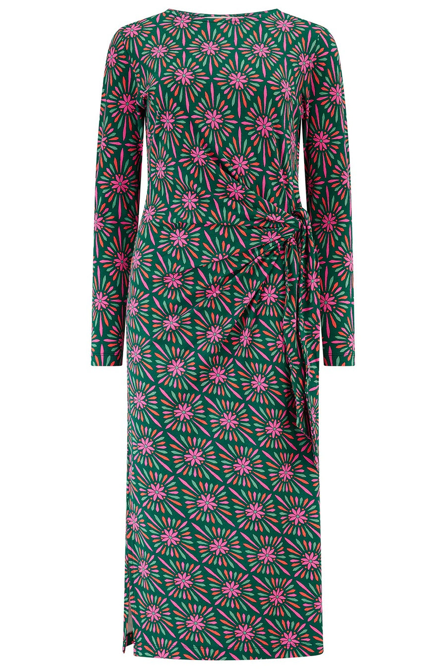 Claudia Jersey Tie Midi Dress in Green/Multi, Flower Explosion