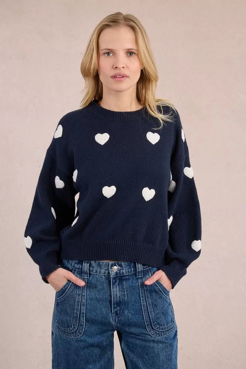 Embossed Heart Sweater in Navy and White