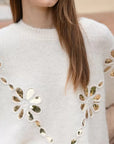 Off White Knit Sweater with Sequin Flowers