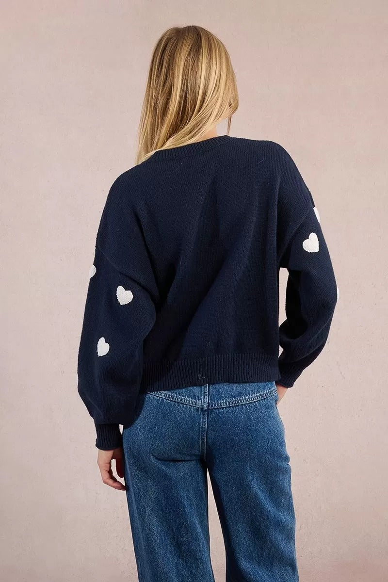 Embossed Heart Sweater in Navy and White