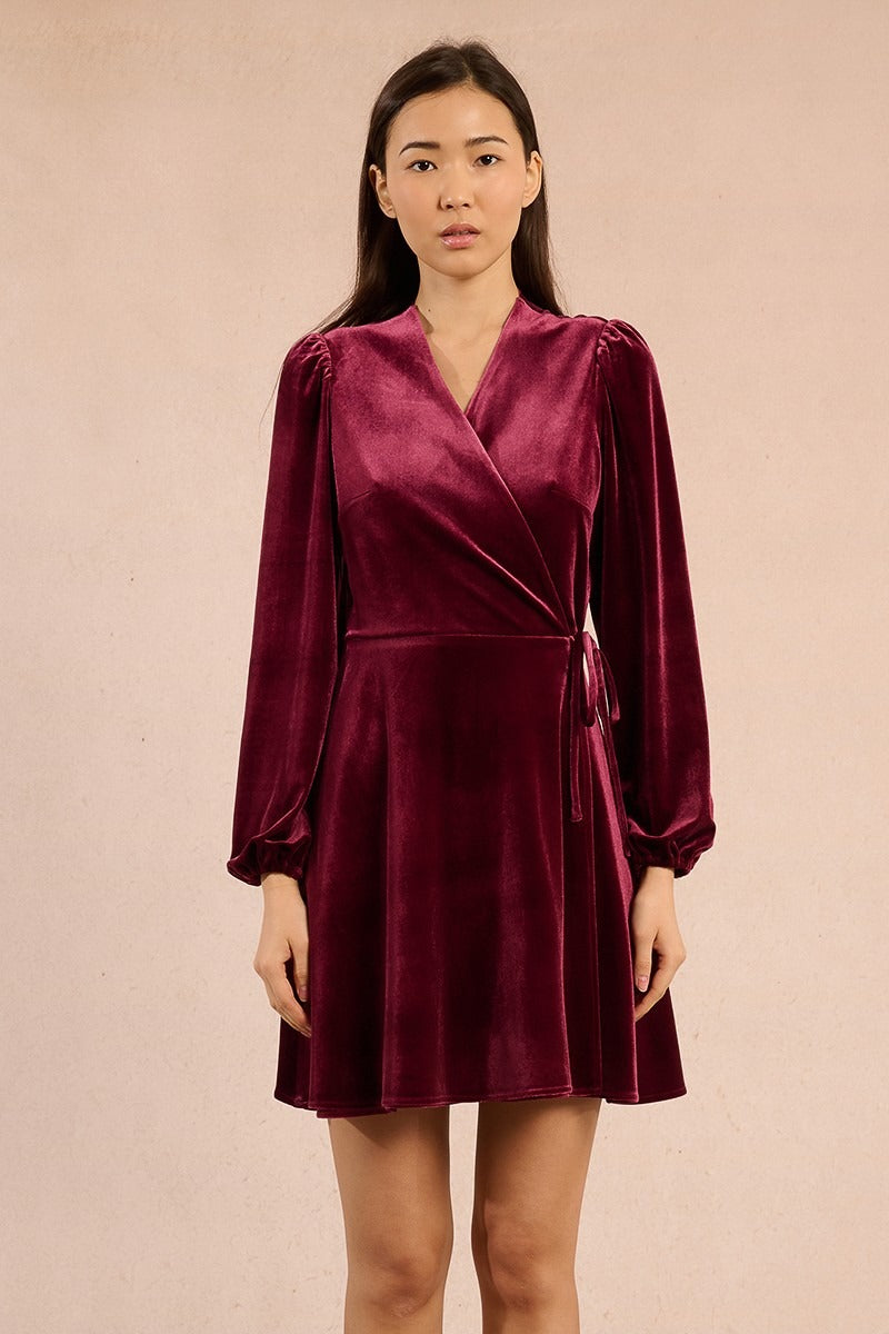 Velvet Wrap Dress in Dark Red