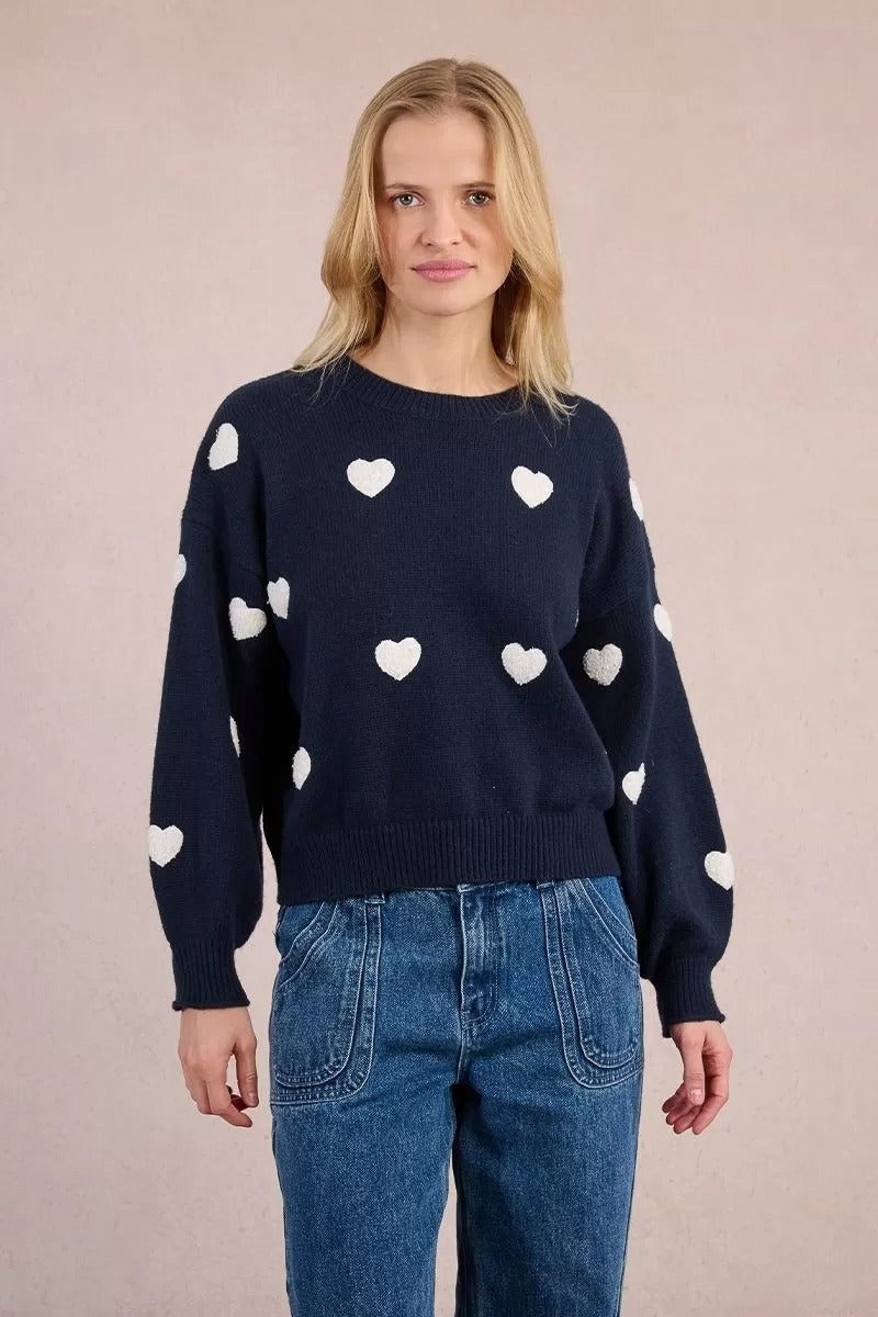 Embossed Heart Sweater in Navy and White