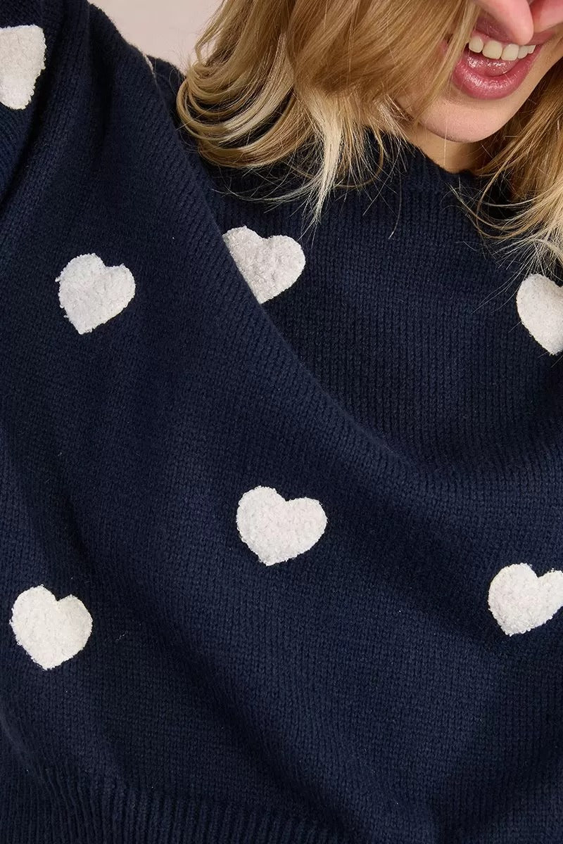 Embossed Heart Sweater in Navy and White