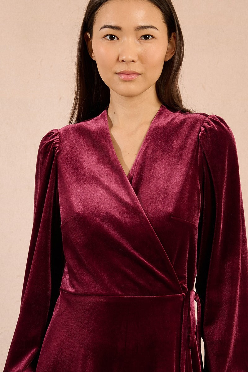 Velvet Wrap Dress in Dark Red
