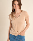 V Neck T Shirt with Embroidery and Beading