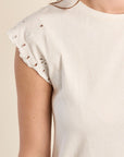 Cotton T Shirt with Embroidered Sleeves in Off White