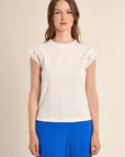 Cotton T Shirt with Embroidered Sleeves in Off White