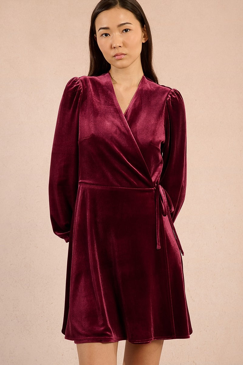 Velvet Wrap Dress in Dark Red