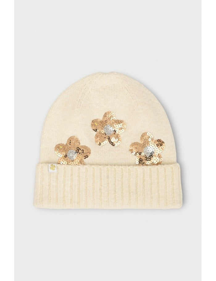 Off White Hat with Gold Floral Sequin Design