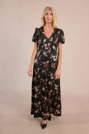 Long Satin Dress with Abstract Floral Print