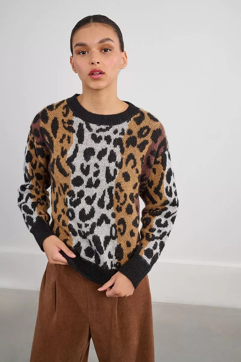 Striped and Leopard Knit Sweater