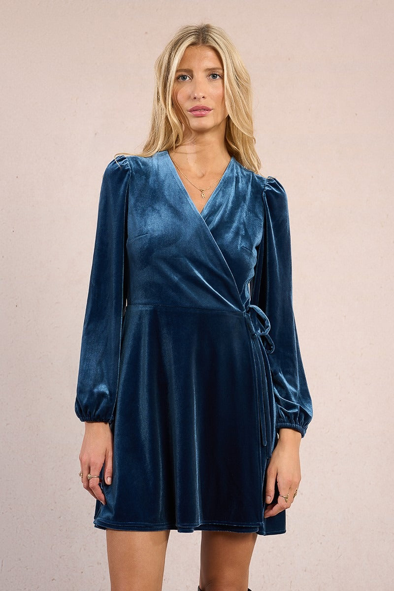 Velvet Wrap Dress in Denim Blue