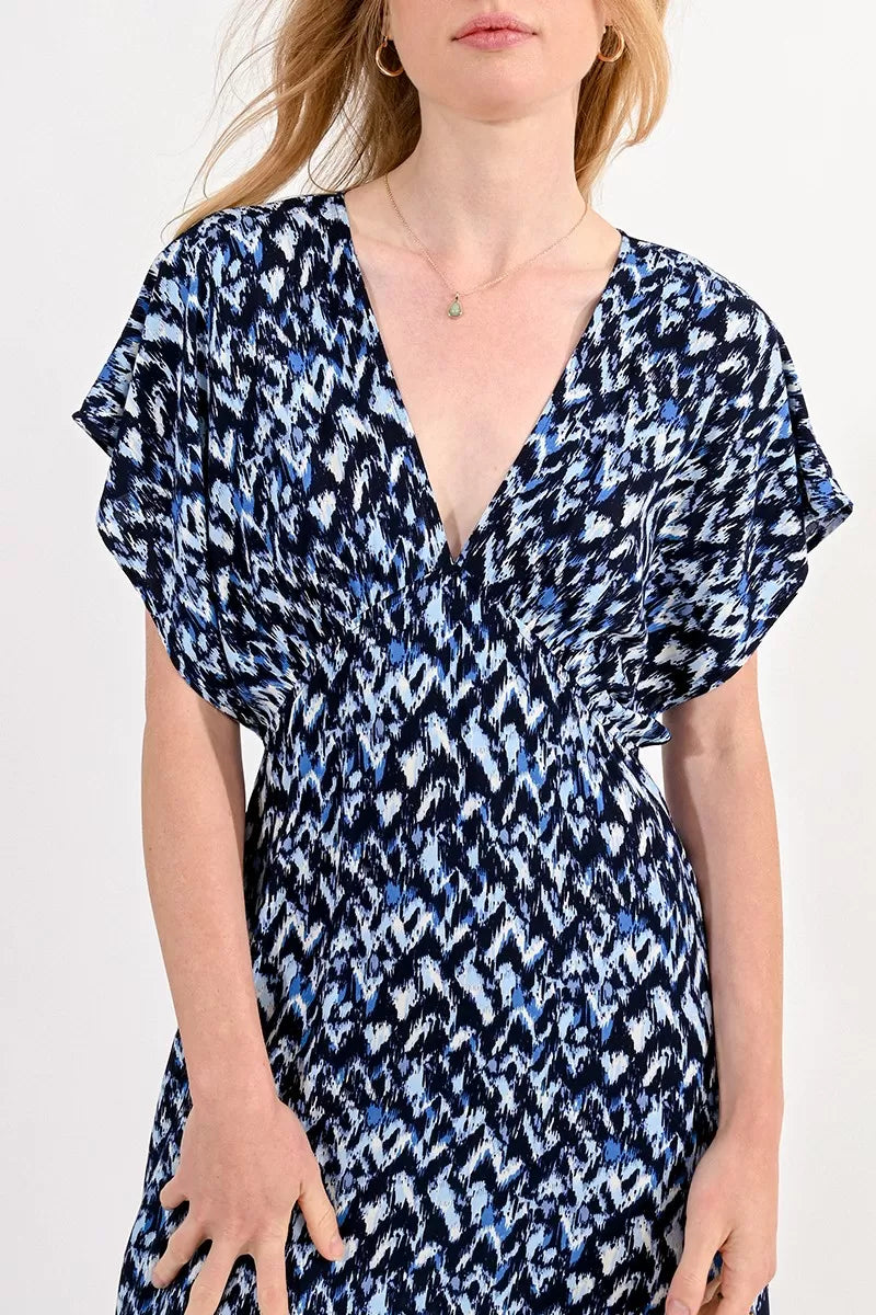Long V Neck Dress in Blue Flo Pattern