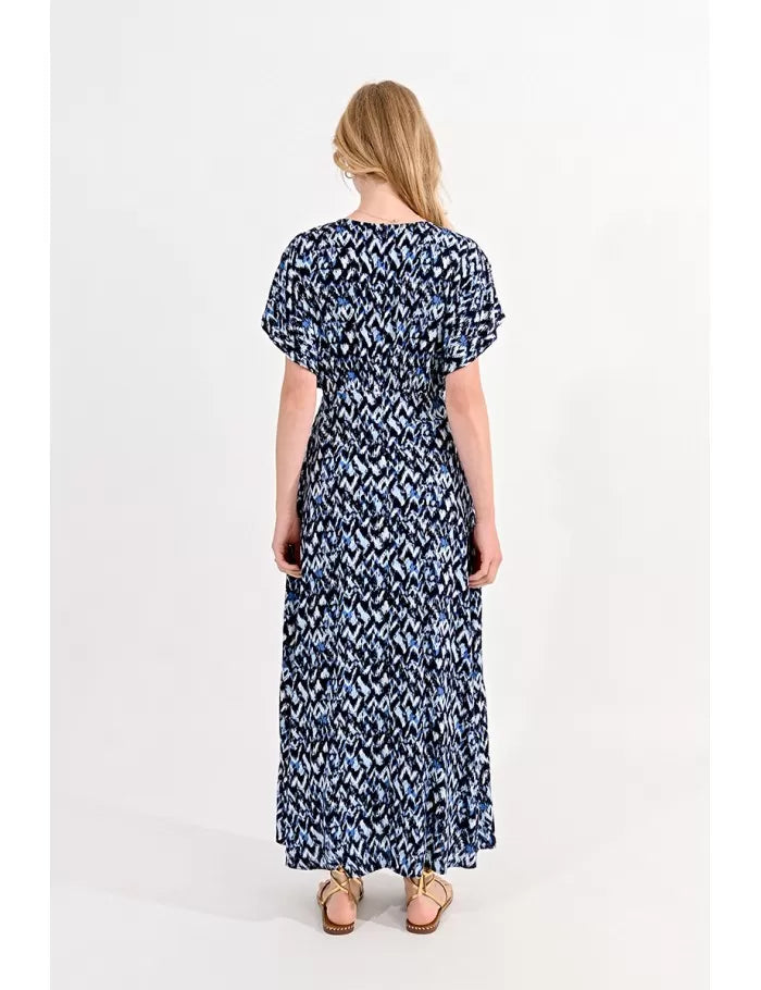 Long V Neck Dress in Blue Flo Pattern