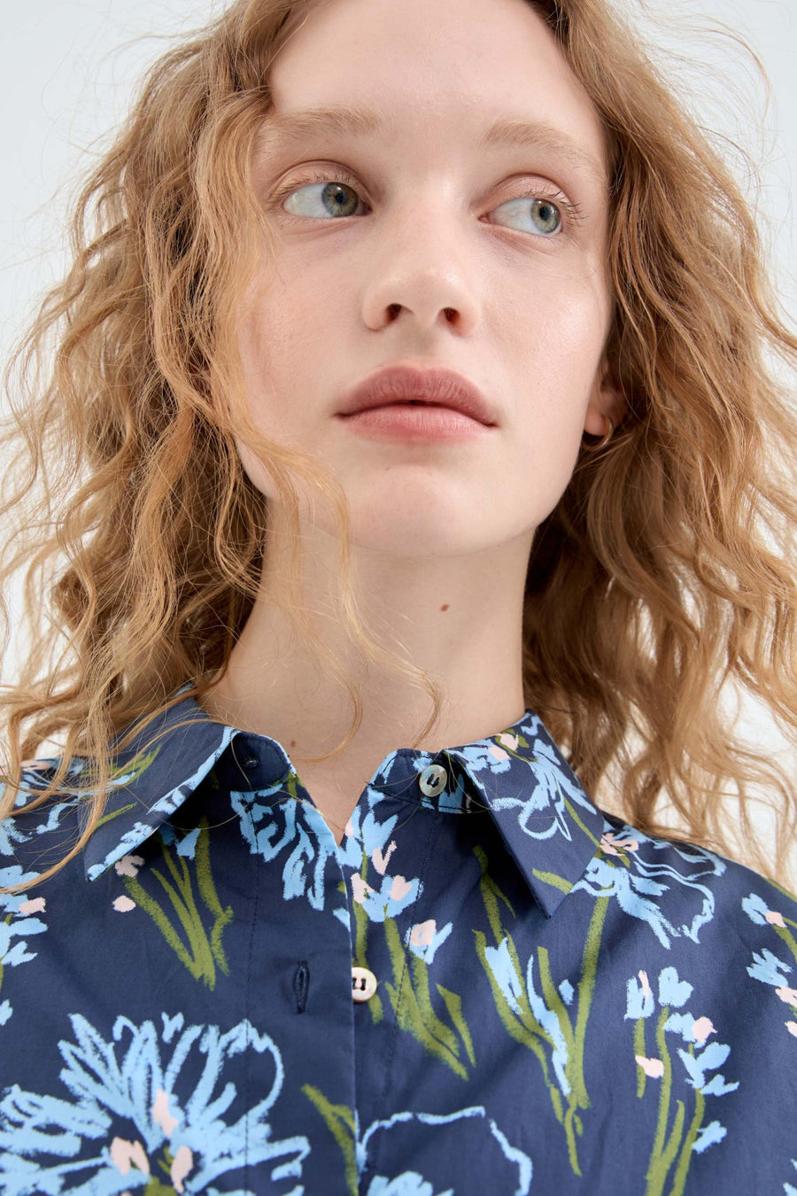 Oversized Poplin Shirt with Blue Floral Print