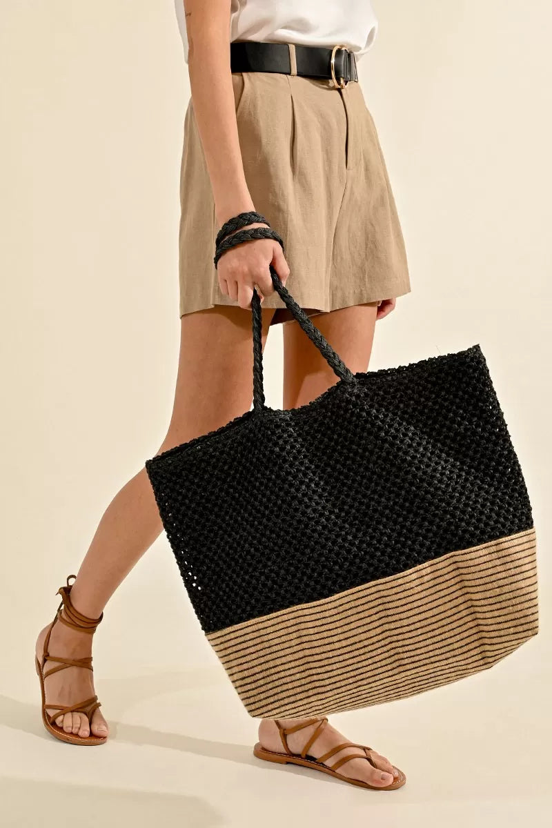 Paper Straw Tote Bag in Black and Beige