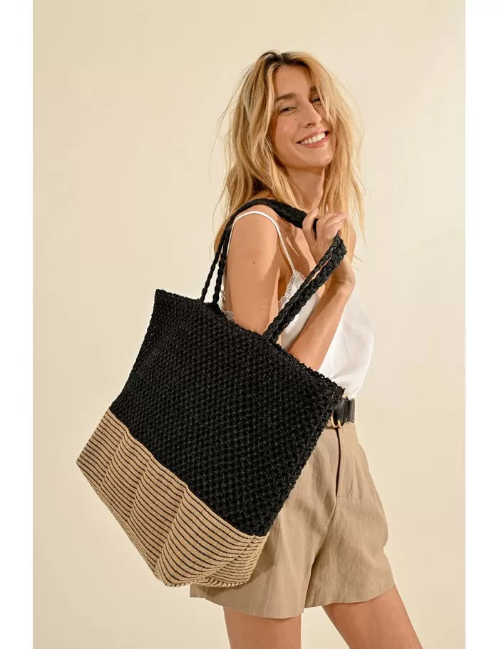 Paper Straw Tote Bag in Black and Beige