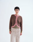 Two Tone Knit Carigan in Brown with Pink