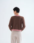 Two Tone Knit Carigan in Brown with Pink