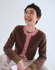 Two Tone Knit Carigan in Brown with Pink