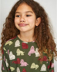 Dog Print Long Sleeved Girl's Loose-Fit Top