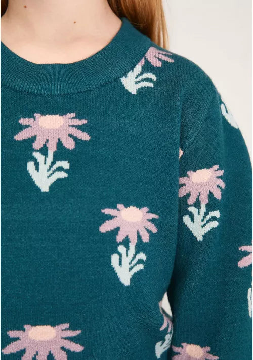 Floral Daisy Print Jacquard Knit Jumper Teal
