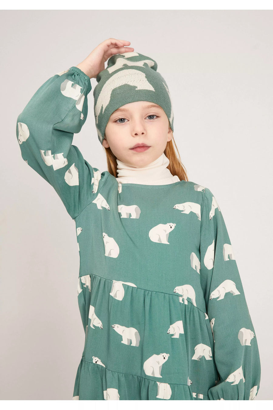 Polar Bear Print Girls' Loose Fit Dress With Ruffles